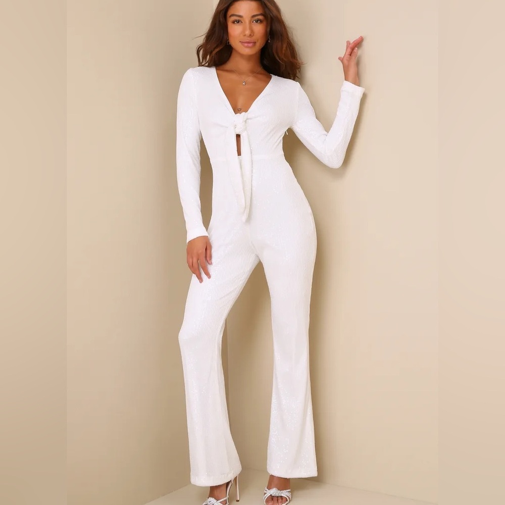 Luminous Style White Sequin Tie-Front Long Sleeve Jumpsuit
